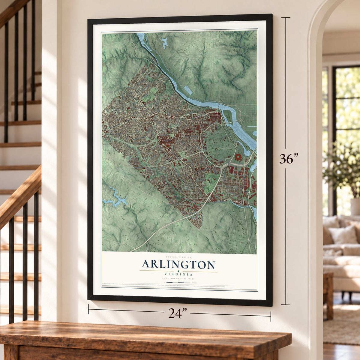Arlington, Virginia map, 24 x 36 inch print in a black frame by a staircase