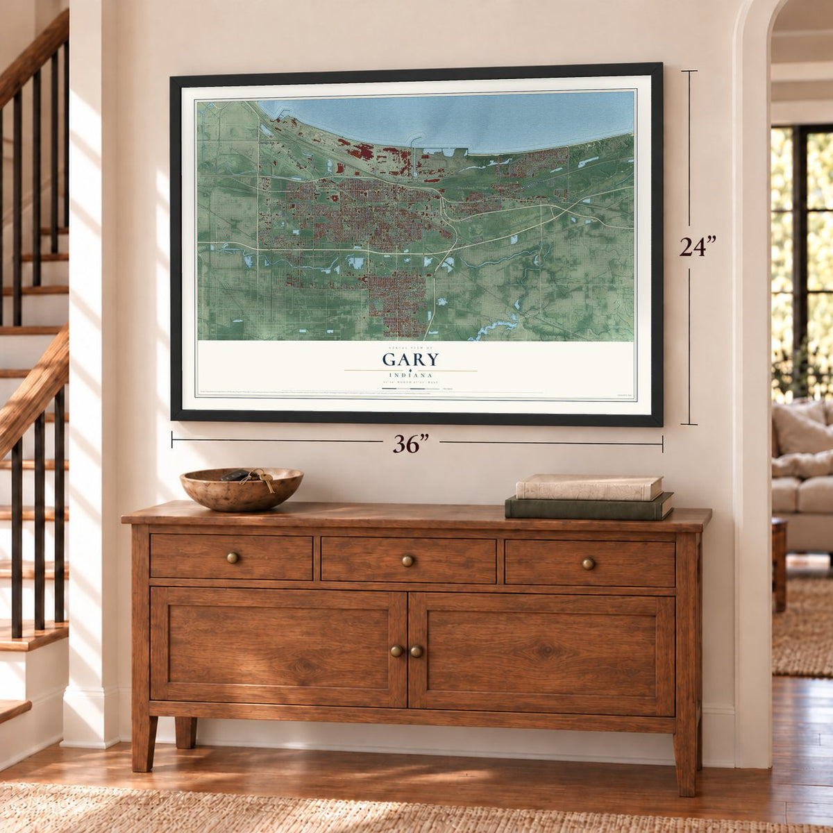 Gary, Indiana map, 24 x 36 inch print in a black frame above a dresser by a staircase