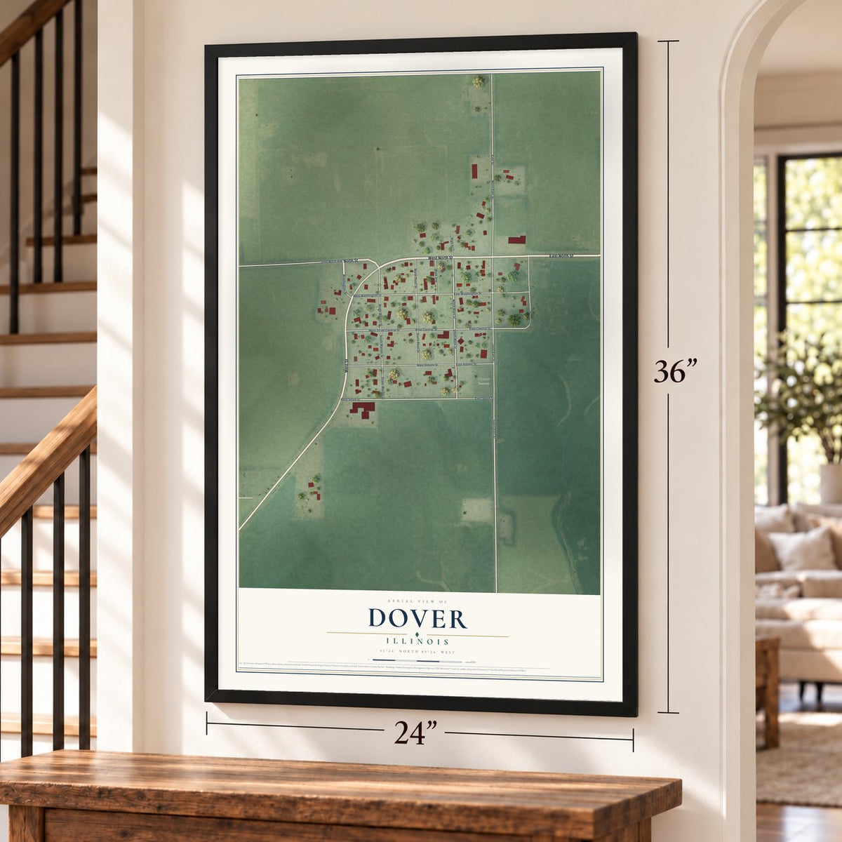 Dover, Illinois map, 24 x 36 inch print in a black frame by a staircase