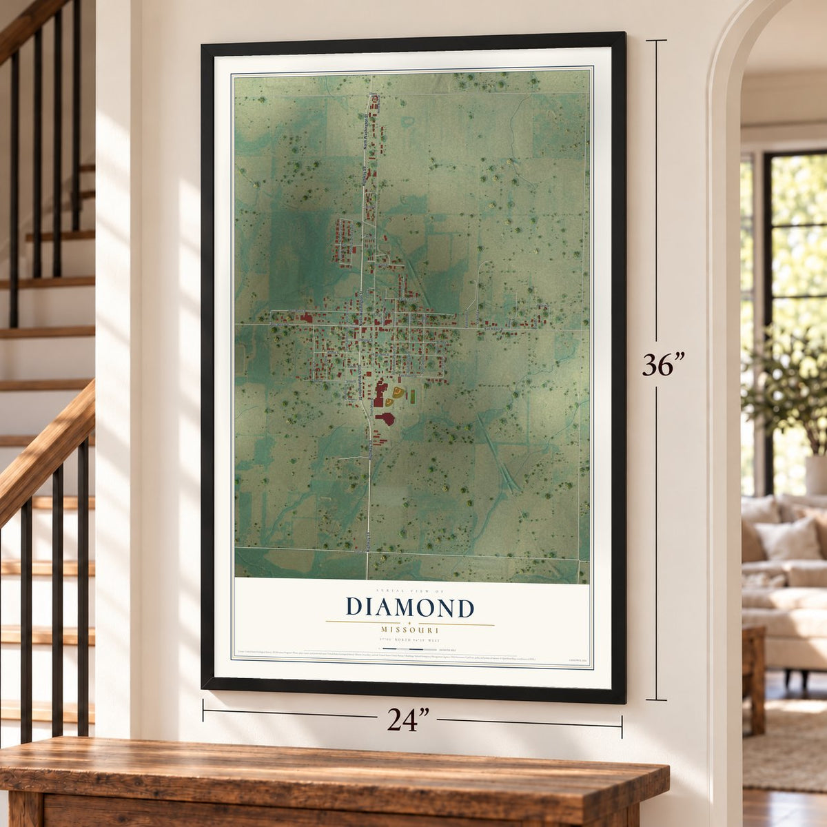 Diamond, Missouri map, 24 x 36 inch print in a black frame by a staircase