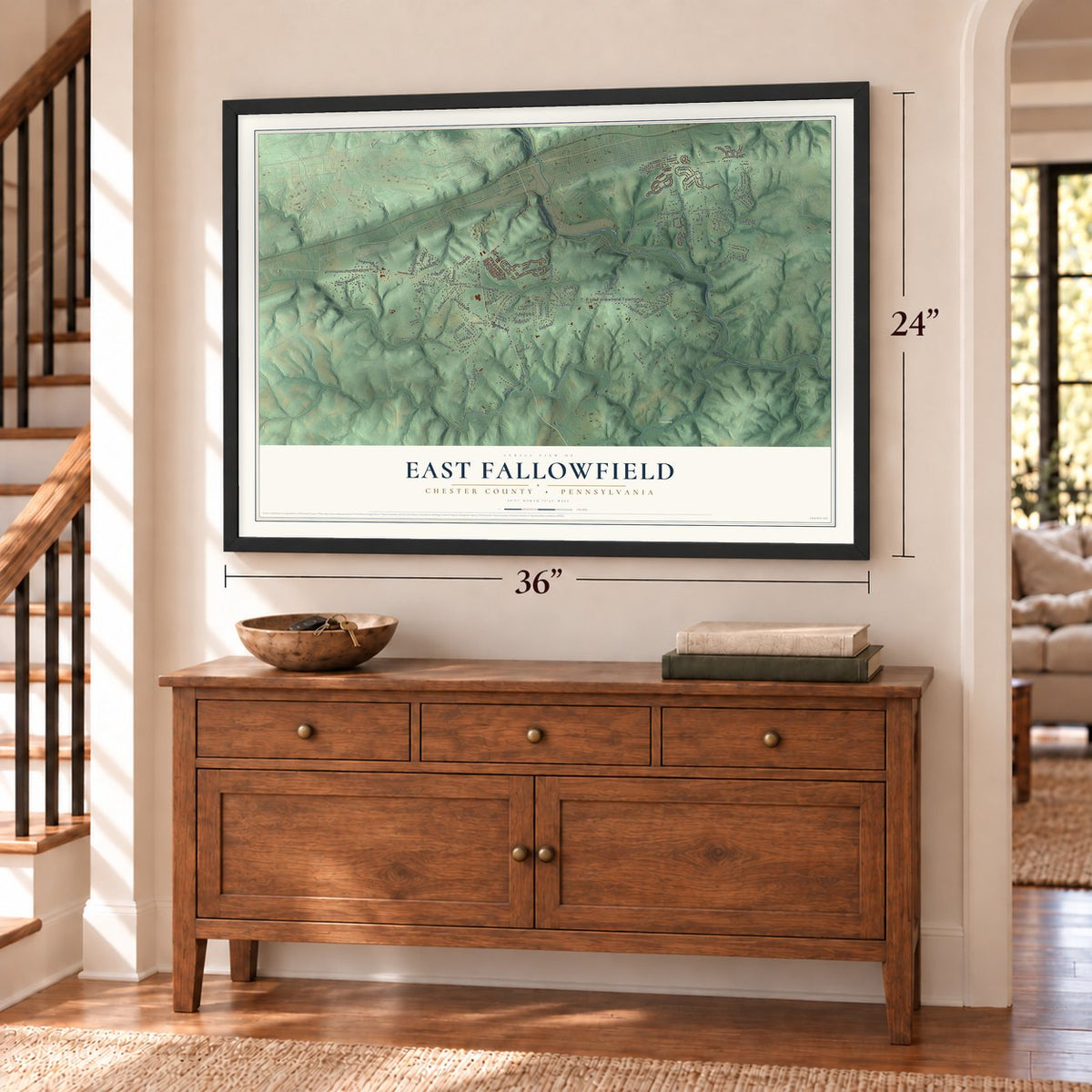 East Fallowfield, Chester County, Pennsylvania map, 24 x 36 inch print in a black frame above a dresser by a staircase