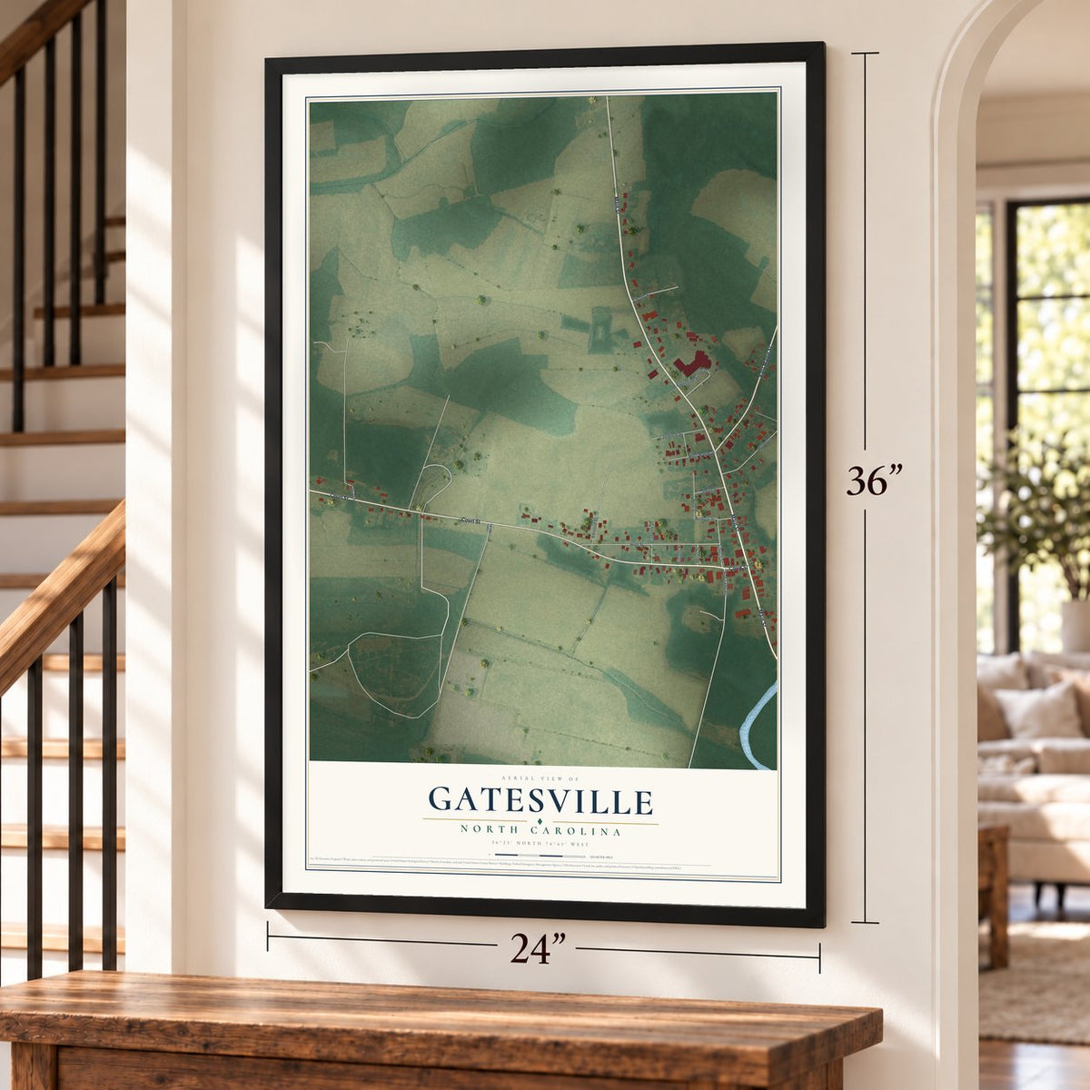Gatesville, North Carolina map, 24 x 36 inch print in a black frame by a staircase