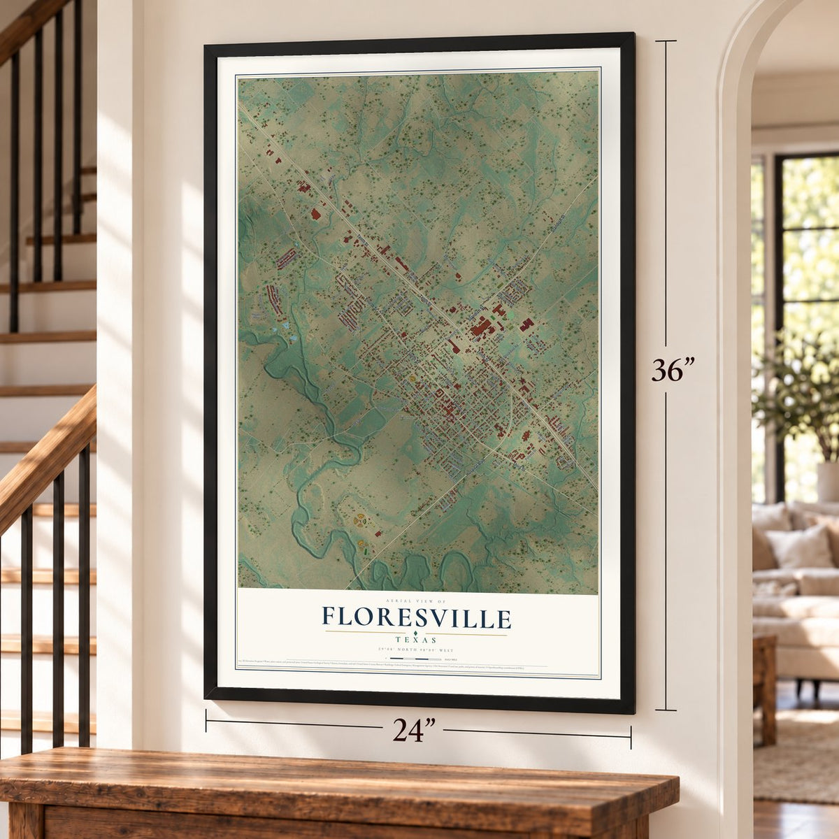Floresville, Texas map, 24 x 36 inch print in a black frame by a staircase