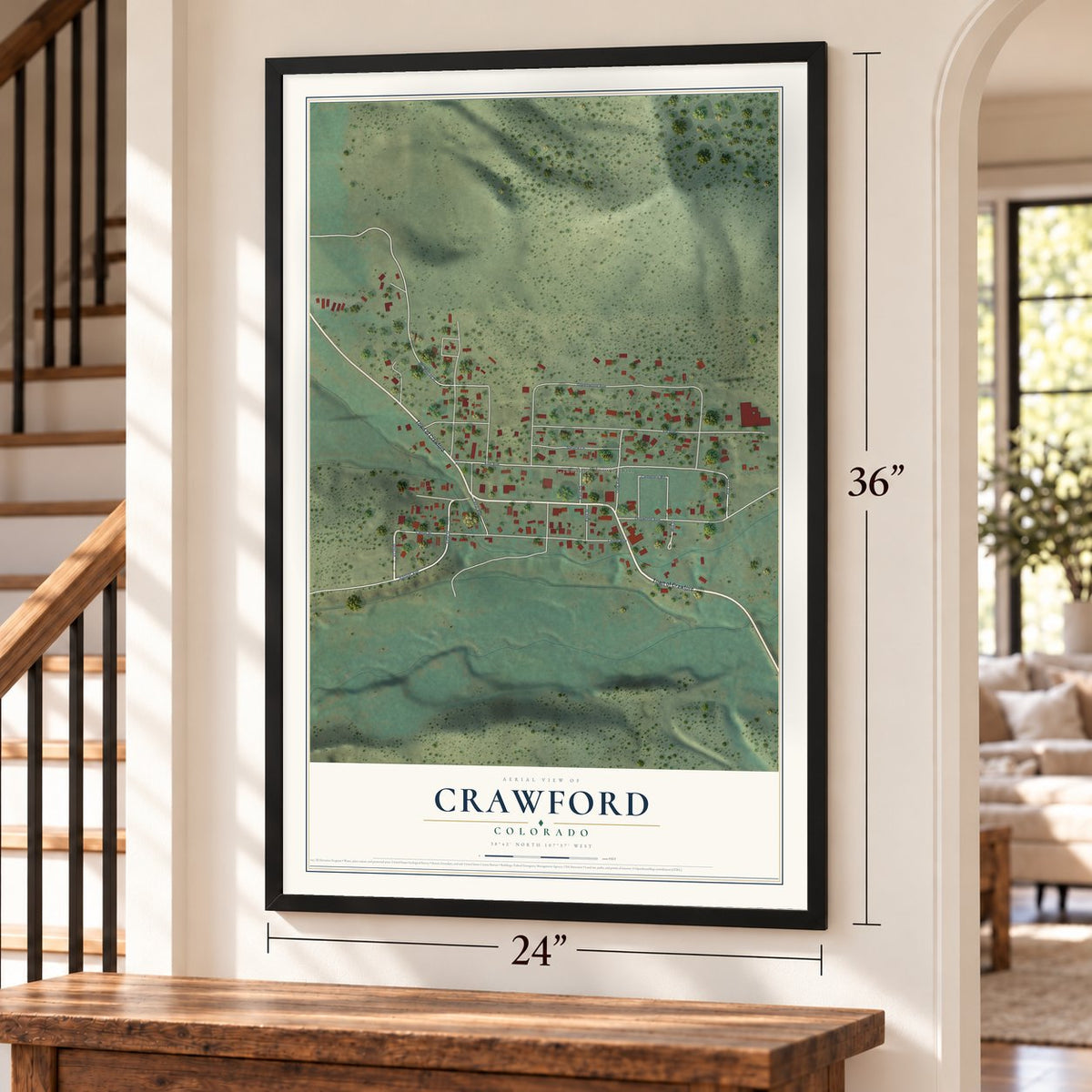 Crawford, Colorado map, 24 x 36 inch print in a black frame by a staircase