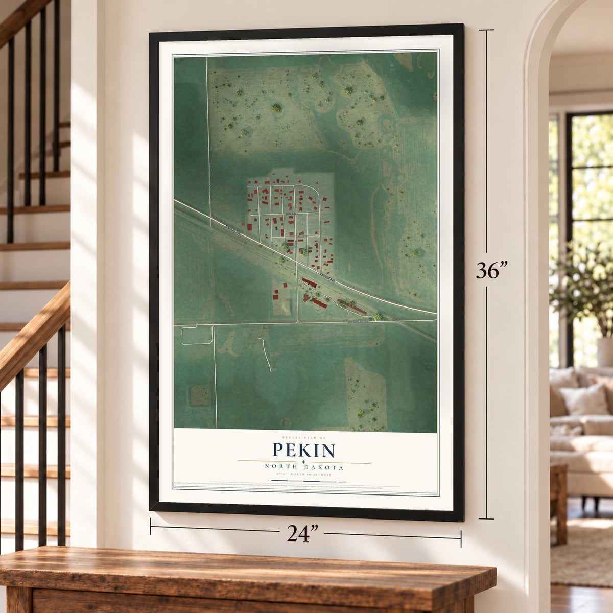Pekin, North Dakota map, 24 x 36 inch print in a black frame by a staircase