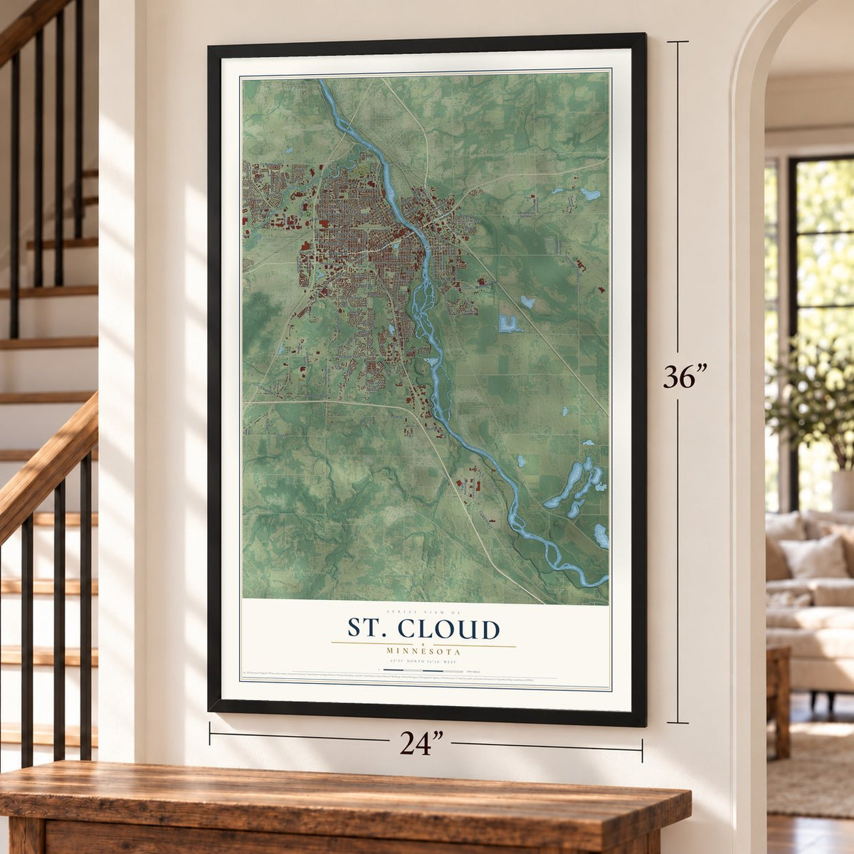 St. Cloud, Minnesota map, 24 x 36 inch print in a black frame by a staircase