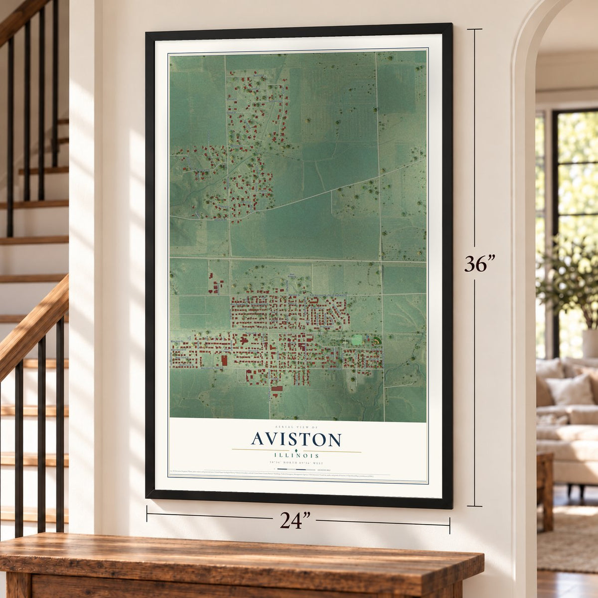 Aviston, Illinois map, 24 x 36 inch print in a black frame by a staircase