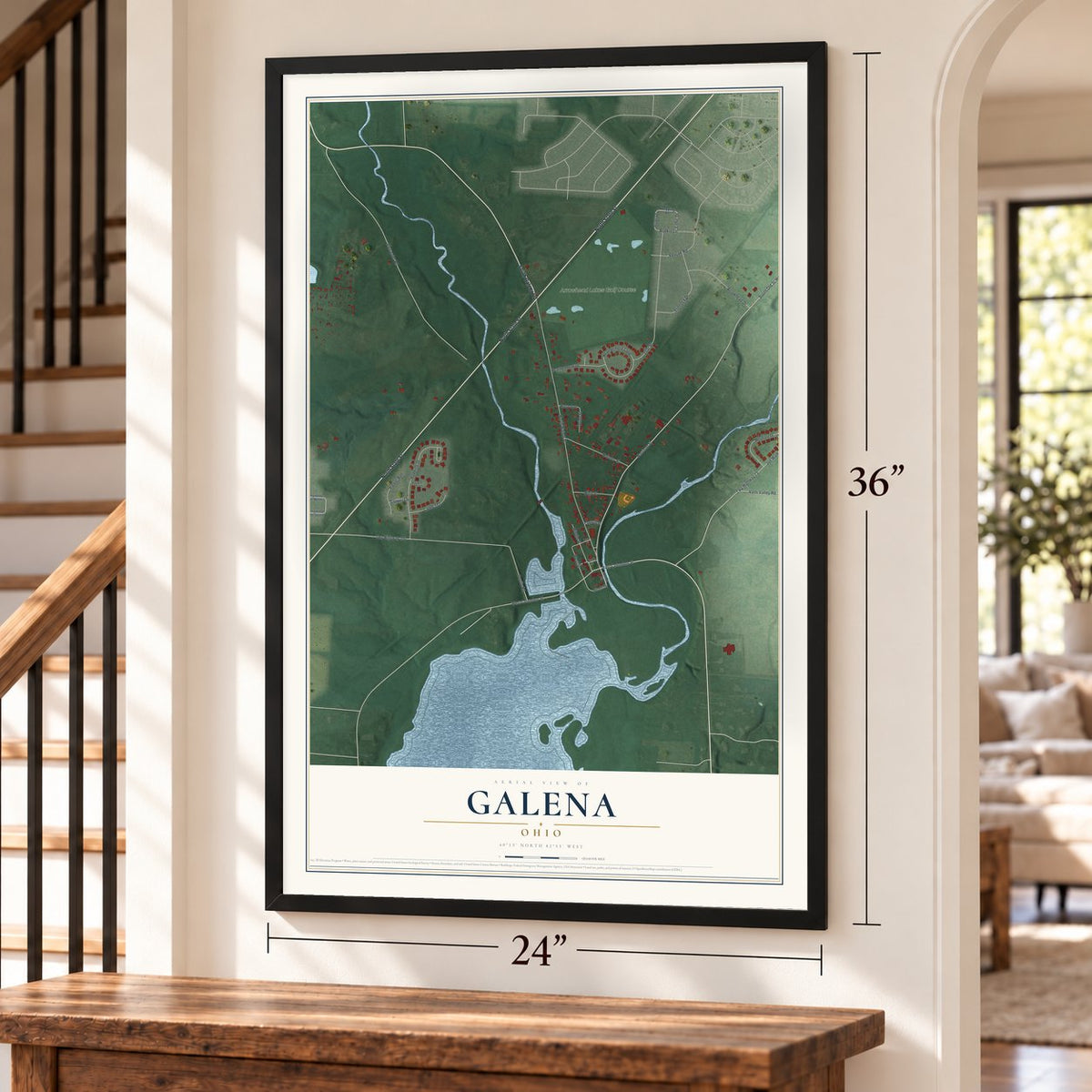 Galena, Ohio map, 24 x 36 inch print in a black frame by a staircase