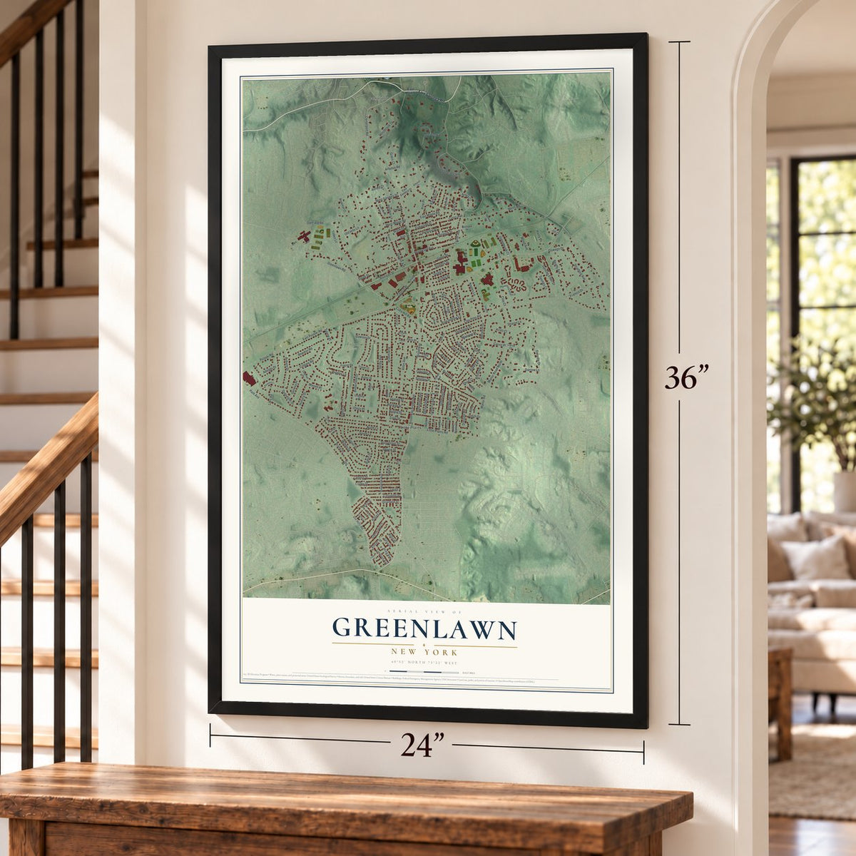 Greenlawn, New York map, 24 x 36 inch print in a black frame by a staircase