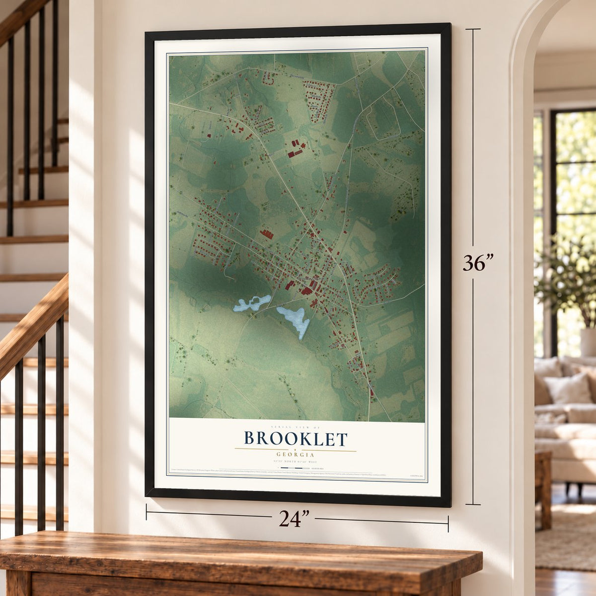 Brooklet, Georgia map, 24 x 36 inch print in a black frame by a staircase