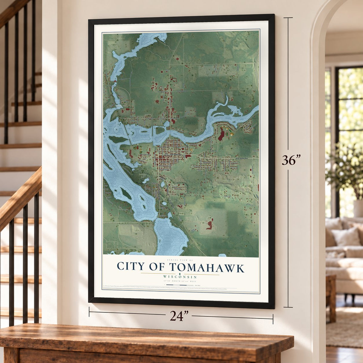 Tomahawk, Wisconsin map, 24 x 36 inch print in a black frame by a staircase