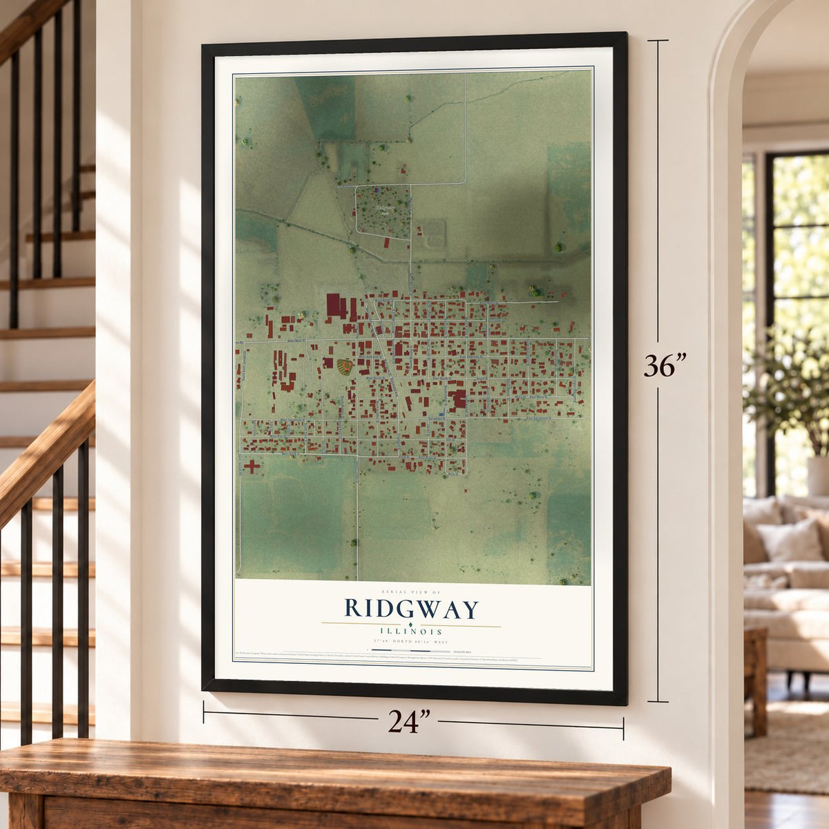 Ridgway, Illinois map, 24 x 36 inch print in a black frame by a staircase