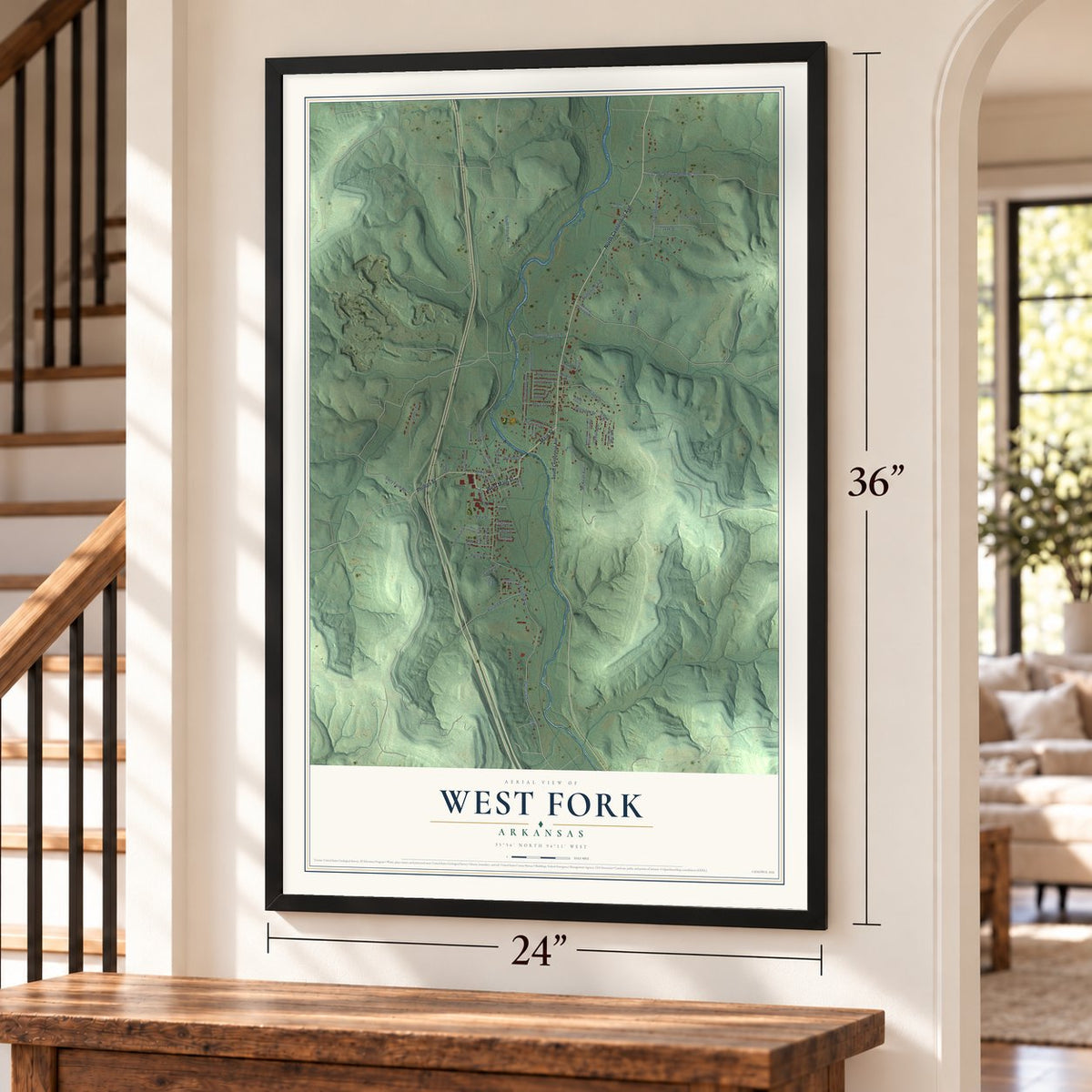 West Fork, Arkansas map, 24 x 36 inch print in a black frame by a staircase