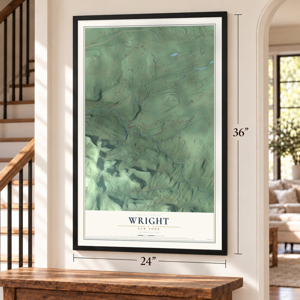 Wright, New York map, 24 x 36 inch print in a black frame by a staircase
