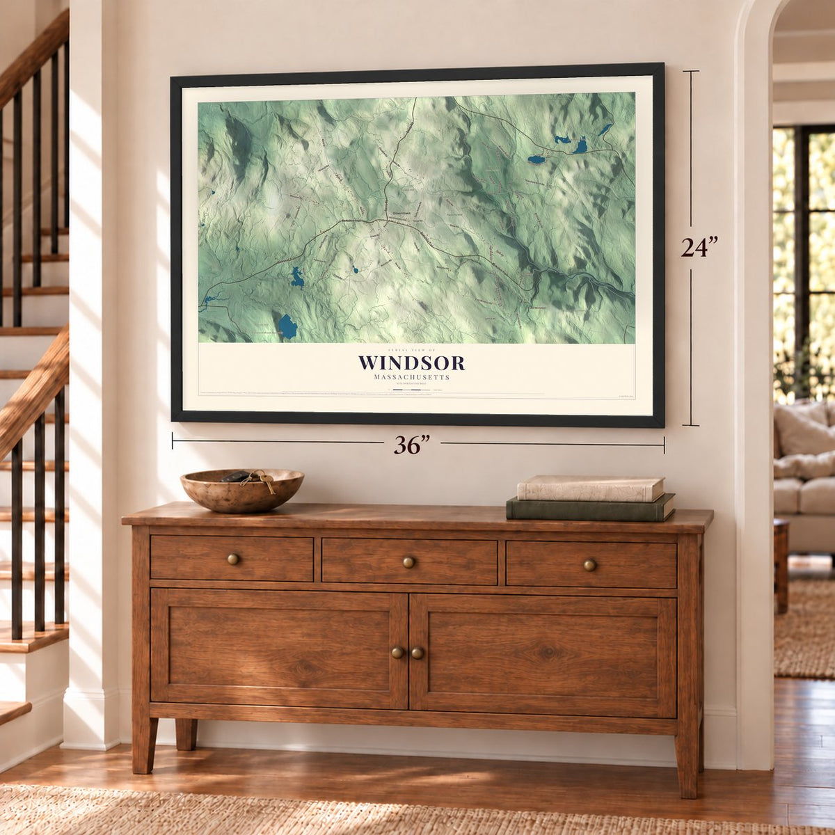 Windsor, Massachusetts map, 24 x 36 inch print in a black frame above a dresser by a staircase