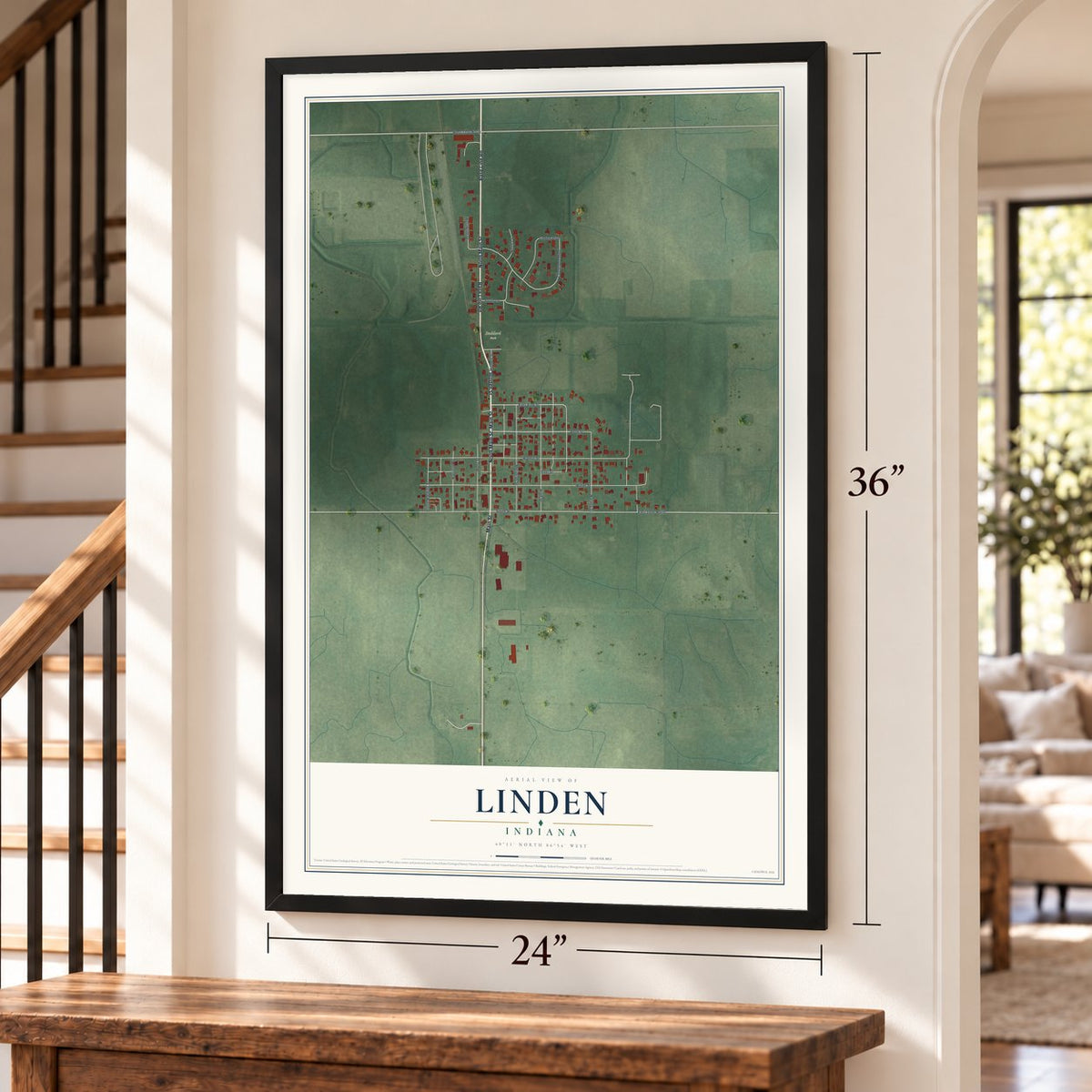 Linden, Indiana map, 24 x 36 inch print in a black frame by a staircase