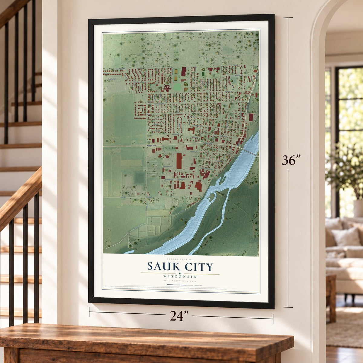 Sauk City, Wisconsin map, 24 x 36 inch print in a black frame by a staircase