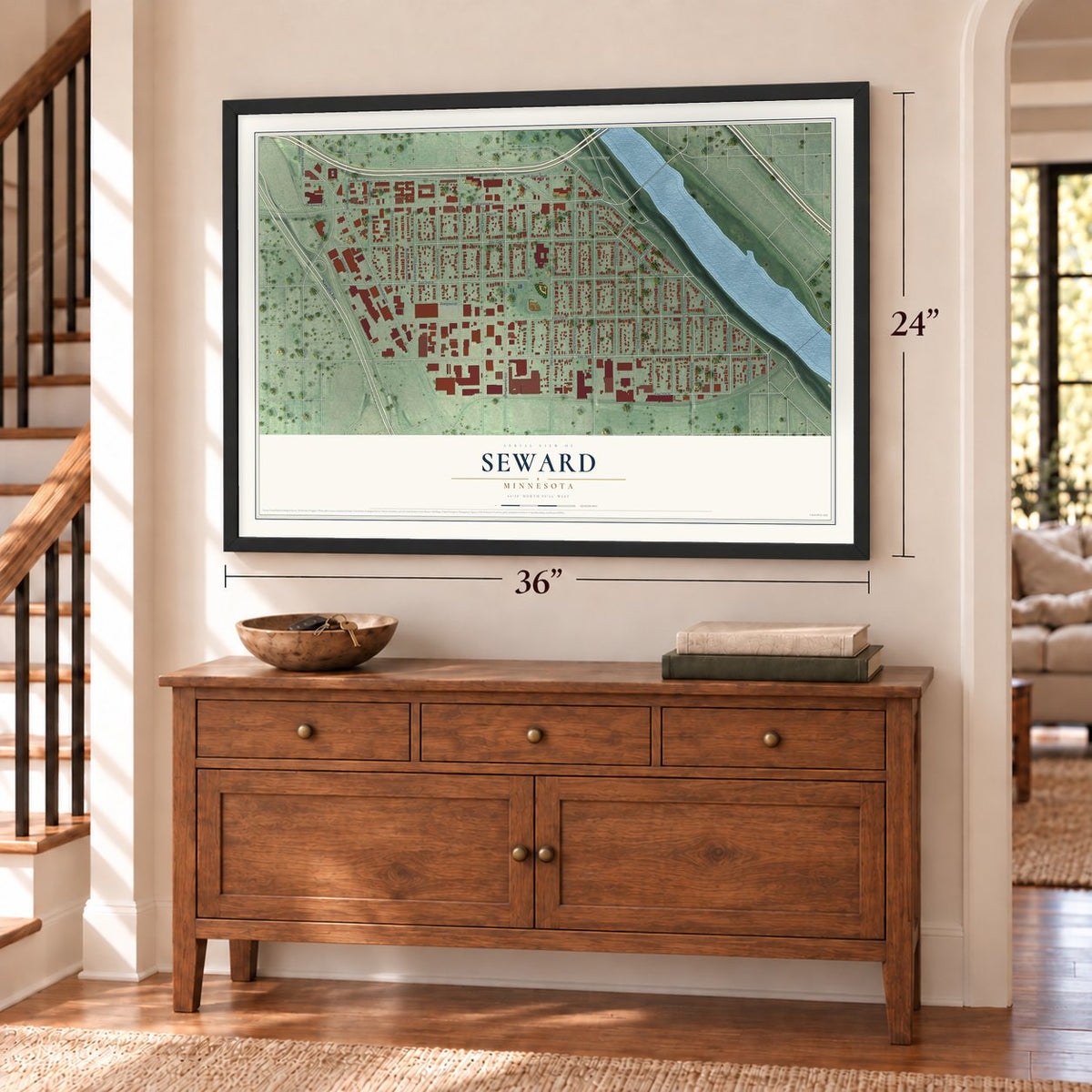Seward, Minnesota map, 24 x 36 inch print in a black frame above a dresser by a staircase