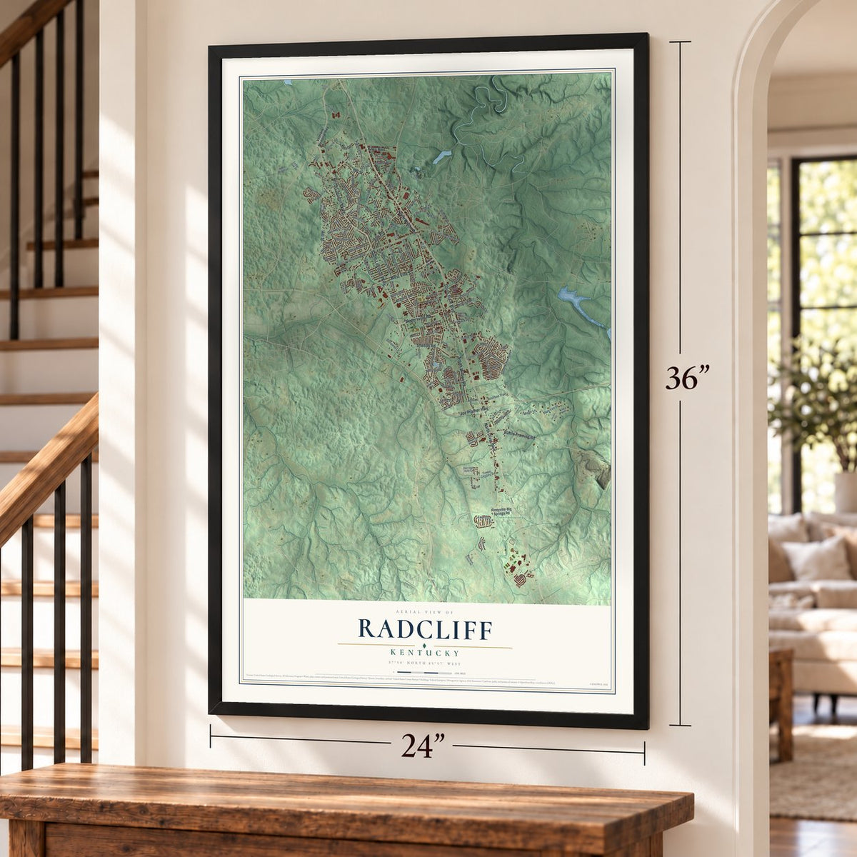 Radcliff, Kentucky map, 24 x 36 inch print in a black frame by a staircase