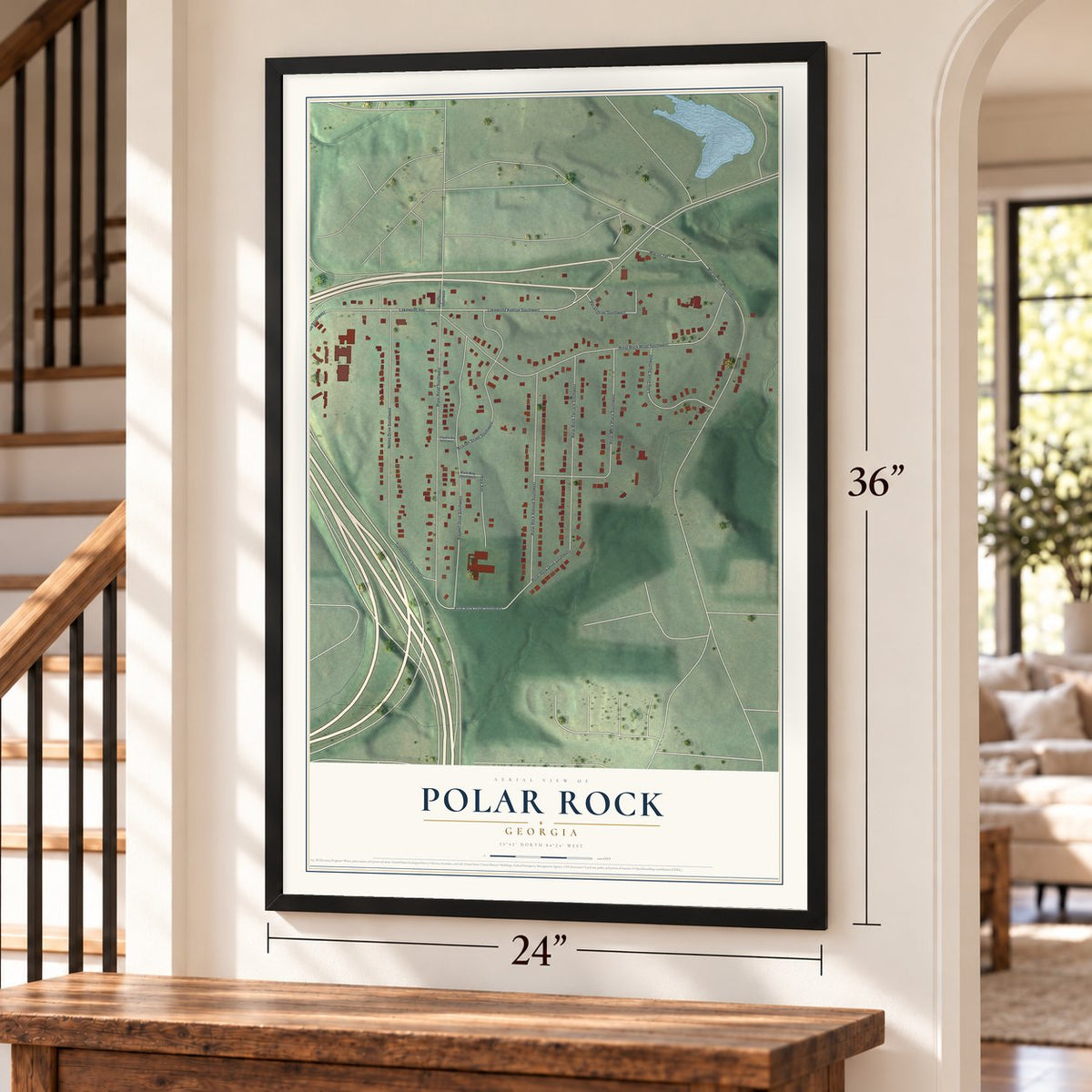 Polar Rock, Georgia map, 24 x 36 inch print in a black frame by a staircase