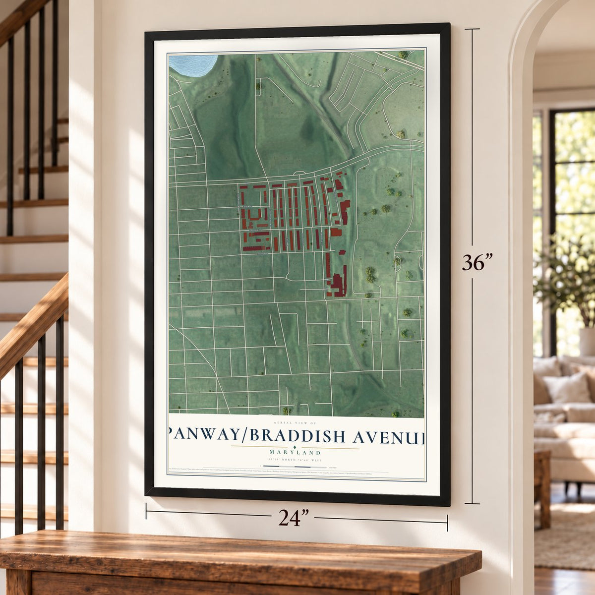 Panway-Braddish Avenue, Maryland map, 24 x 36 inch print in a black frame by a staircase