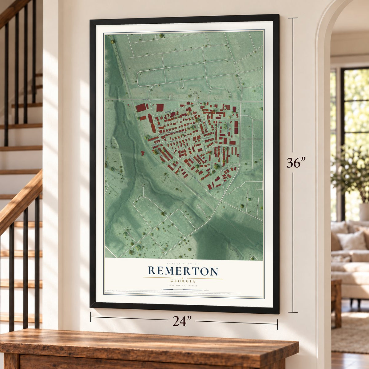 Remerton, Georgia map, 24 x 36 inch print in a black frame by a staircase