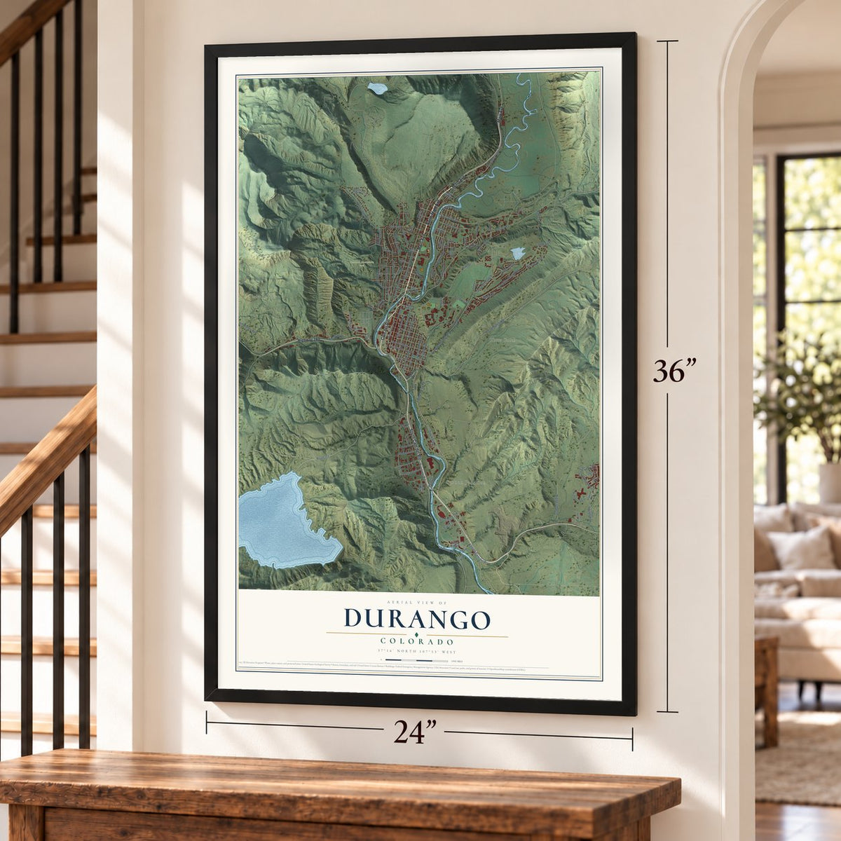 Durango, Colorado map, 24 x 36 inch print in a black frame by a staircase
