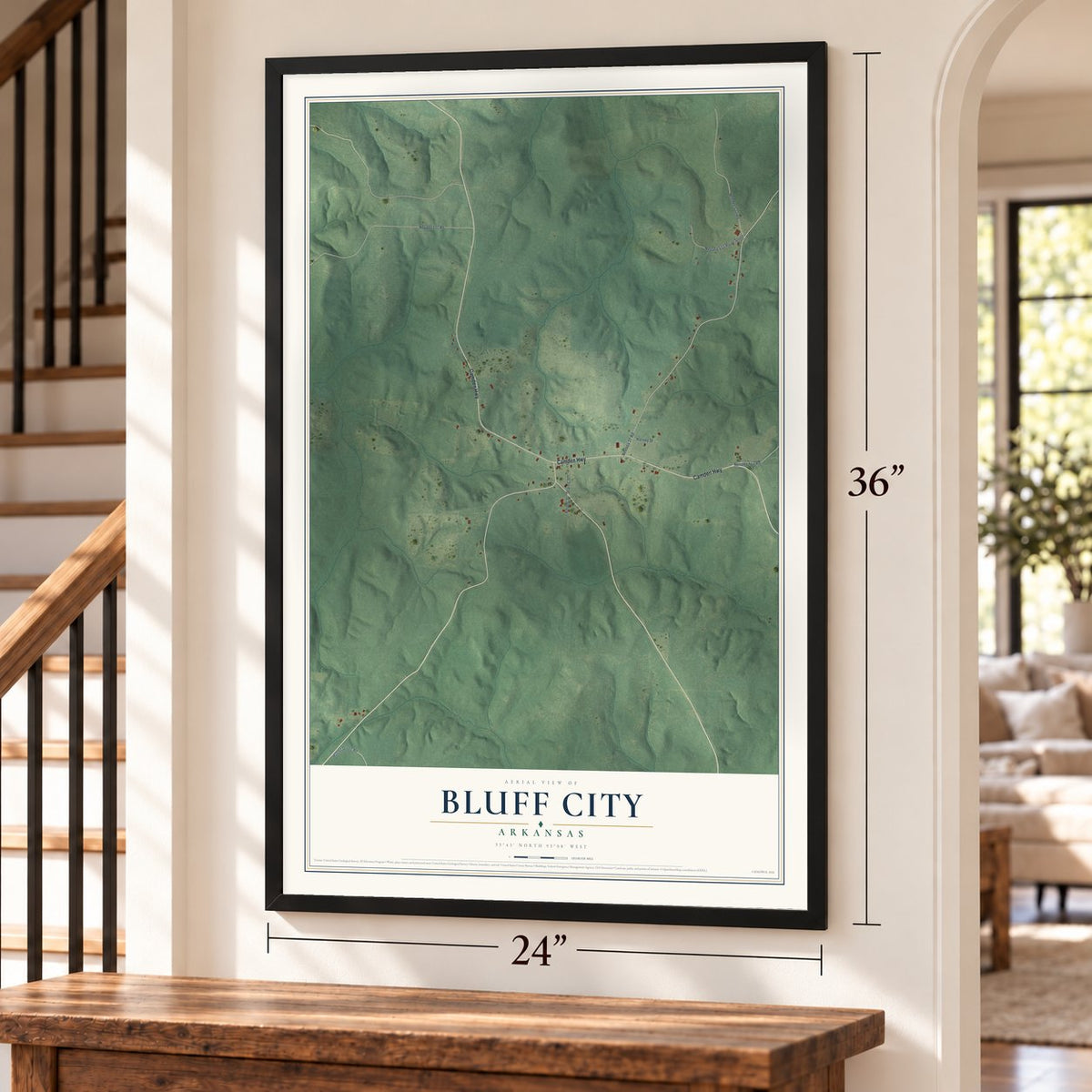 Bluff City, Arkansas map, 24 x 36 inch print in a black frame by a staircase
