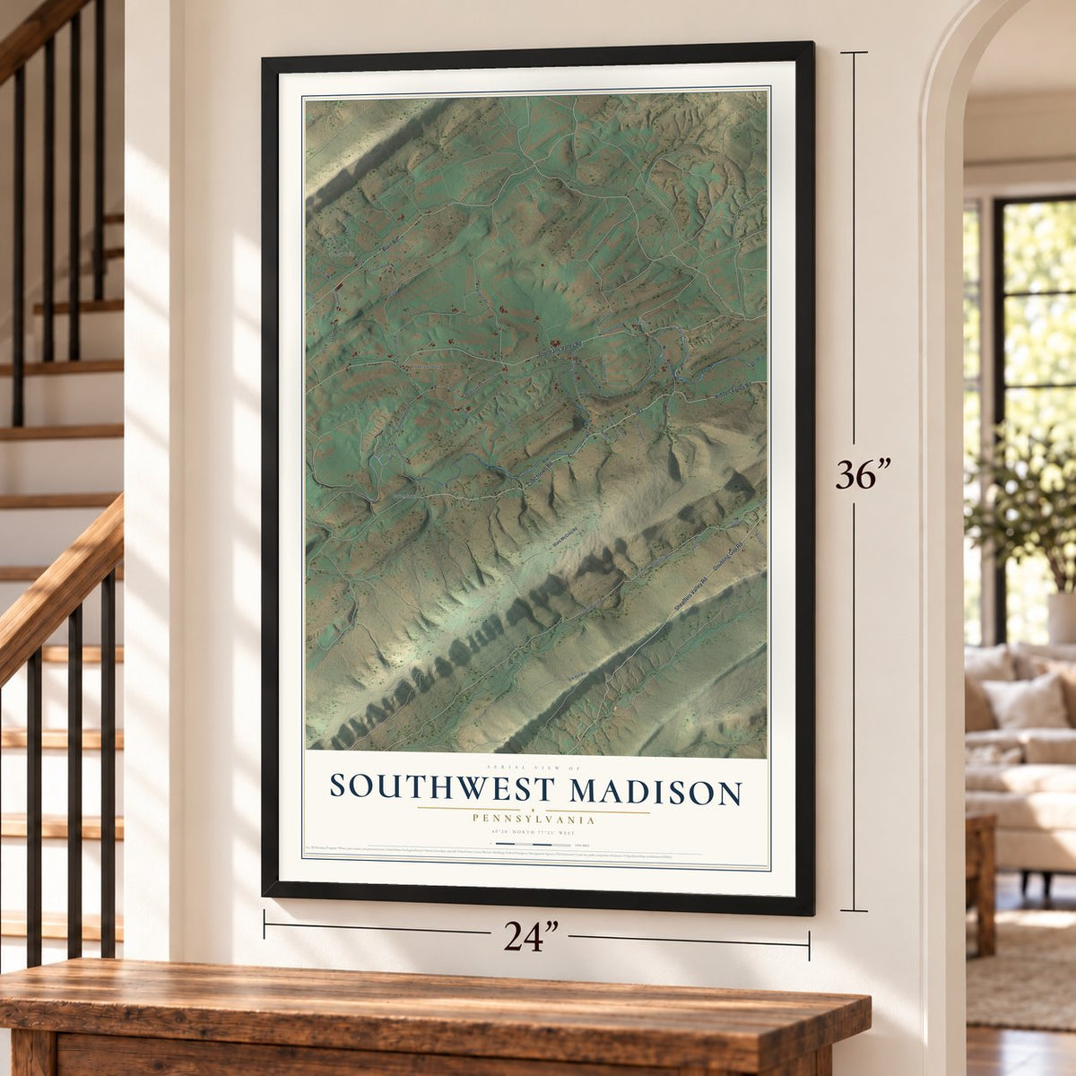 Southwest Madison, Pennsylvania map, 24 x 36 inch print in a black frame by a staircase