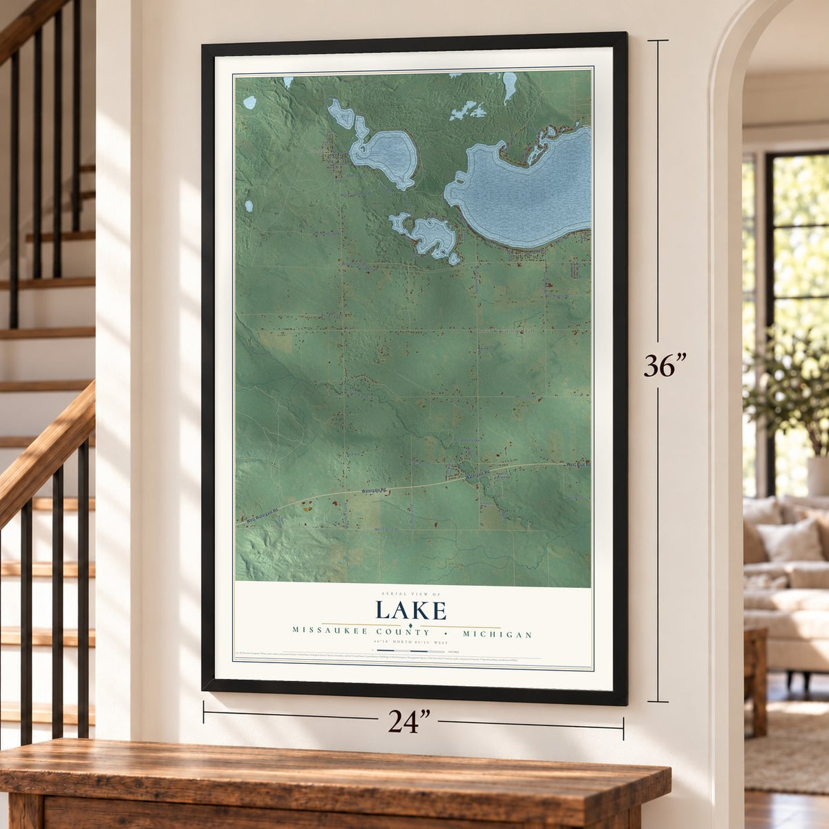 Lake, Missaukee County, Michigan map, 24 x 36 inch print in a black frame by a staircase
