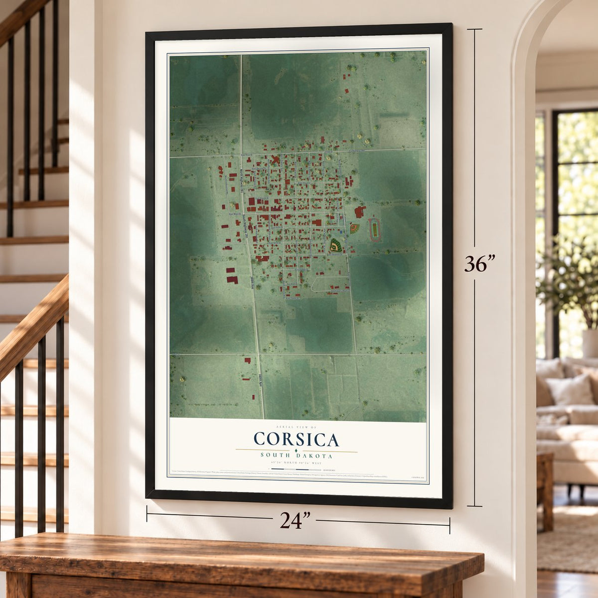 Corsica, South Dakota map, 24 x 36 inch print in a black frame by a staircase