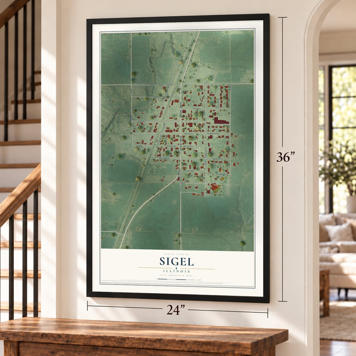 Sigel, Illinois map, 24 x 36 inch print in a black frame by a staircase