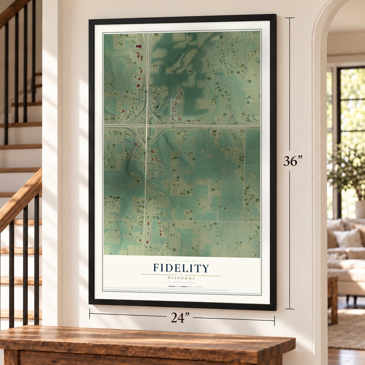 Fidelity, Missouri map, 24 x 36 inch print in a black frame by a staircase