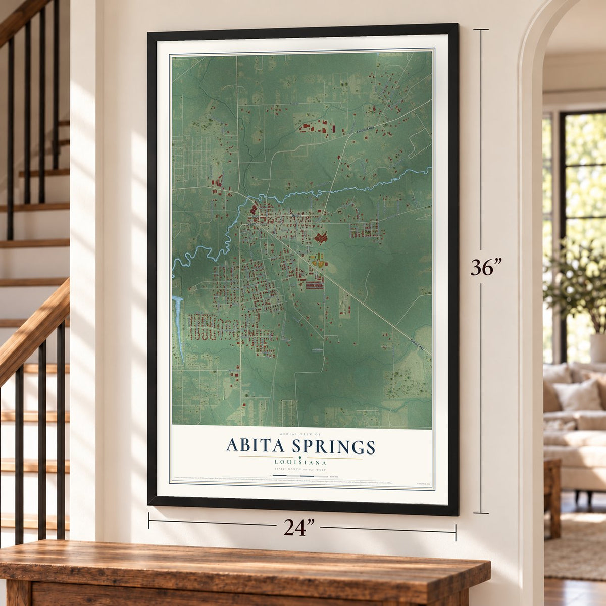 Abita Springs, Louisiana map, 24 x 36 inch print in a black frame by a staircase