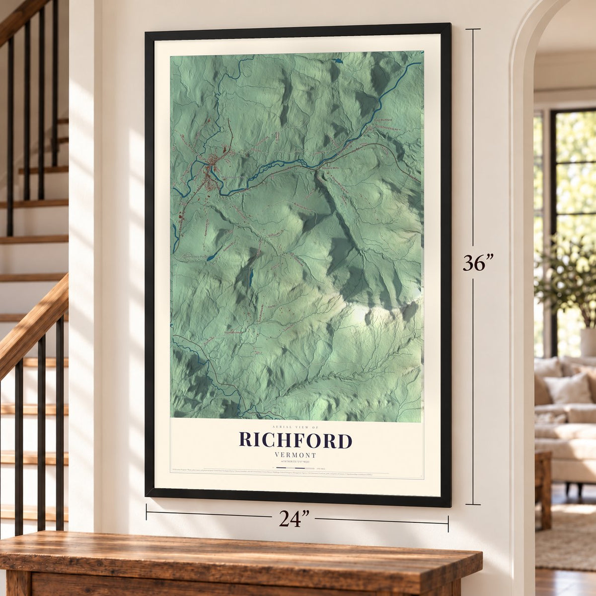Richford, Vermont map, 24 x 36 inch print in a black frame by a staircase