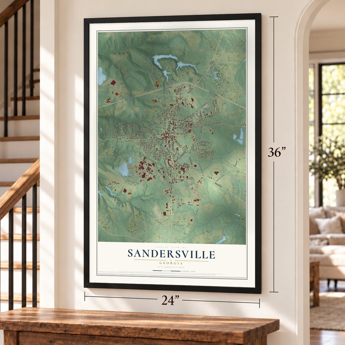 Sandersville, Georgia map, 24 x 36 inch print in a black frame by a staircase