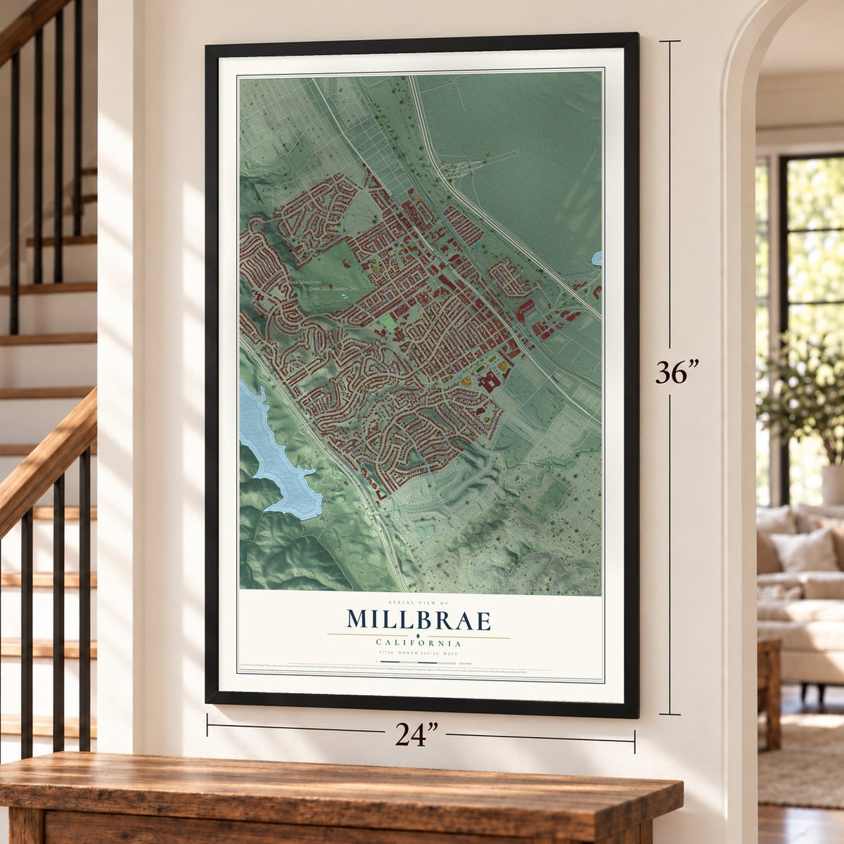 Millbrae, California map, 24 x 36 inch print in a black frame by a staircase