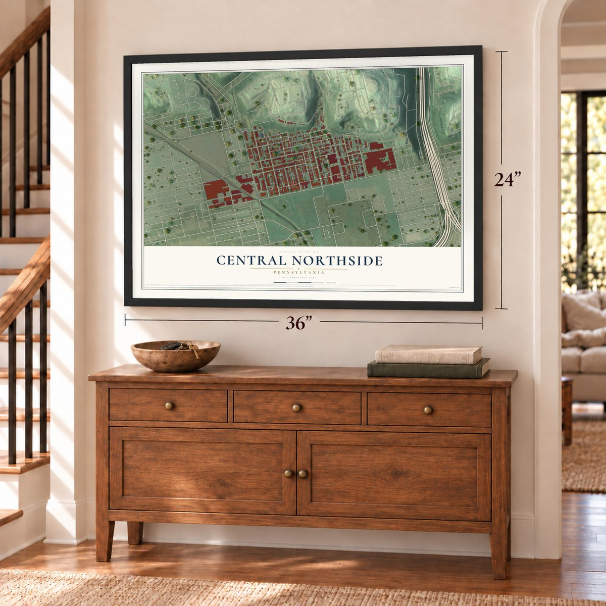Central Northside, Pennsylvania map, 24 x 36 inch print in a black frame above a dresser by a staircase