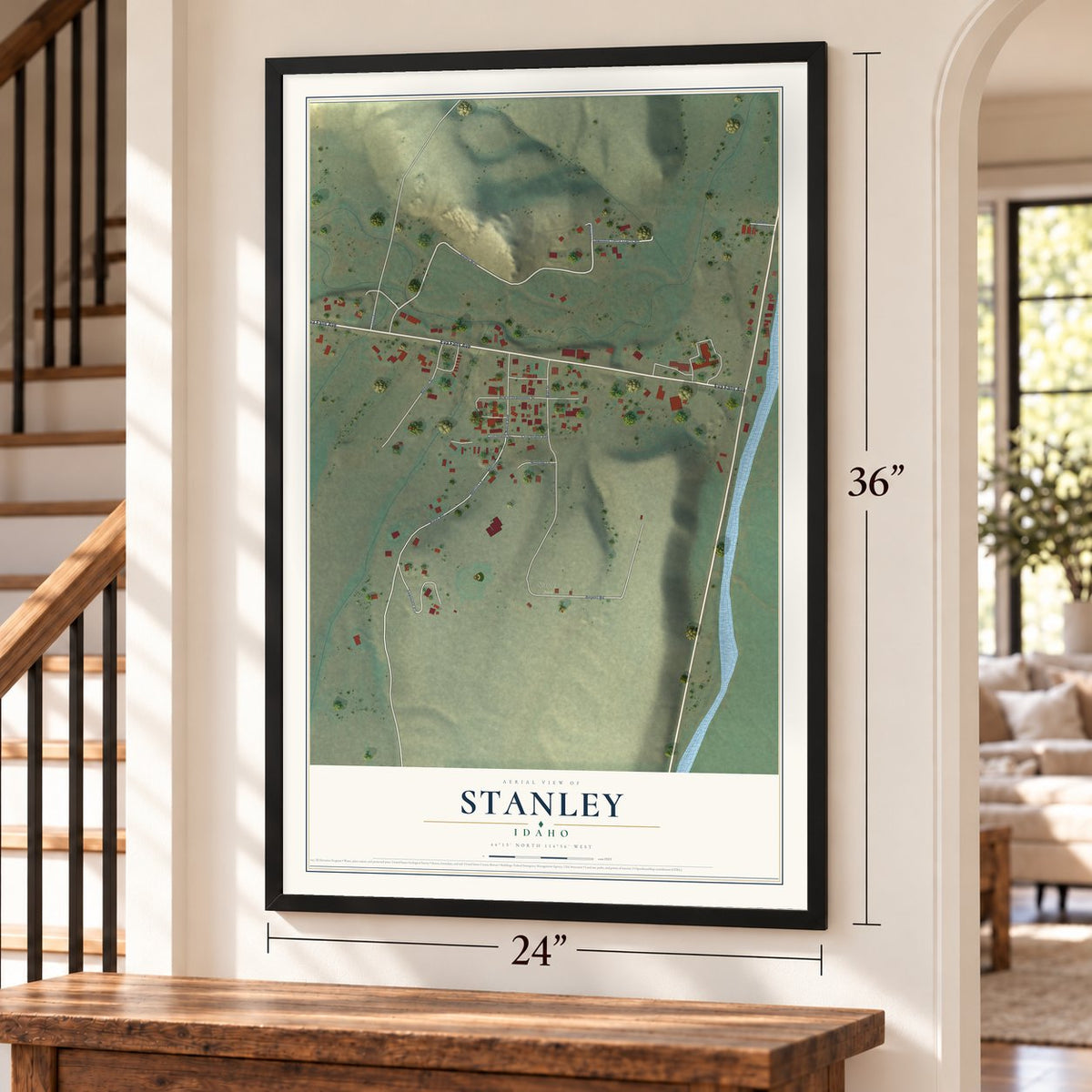 Stanley, Idaho map, 24 x 36 inch print in a black frame by a staircase