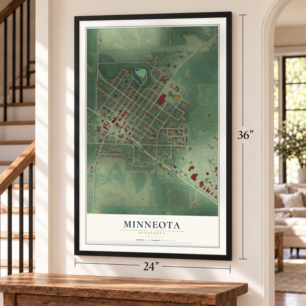 Minneota, Minnesota map, 24 x 36 inch print in a black frame by a staircase