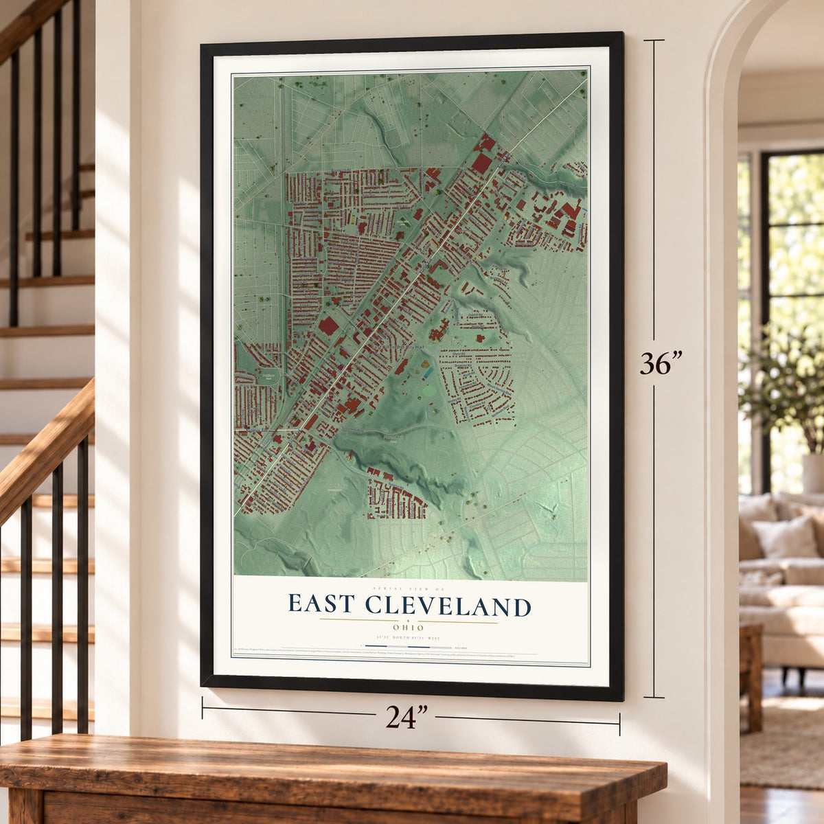 East Cleveland, Ohio map, 24 x 36 inch print in a black frame by a staircase