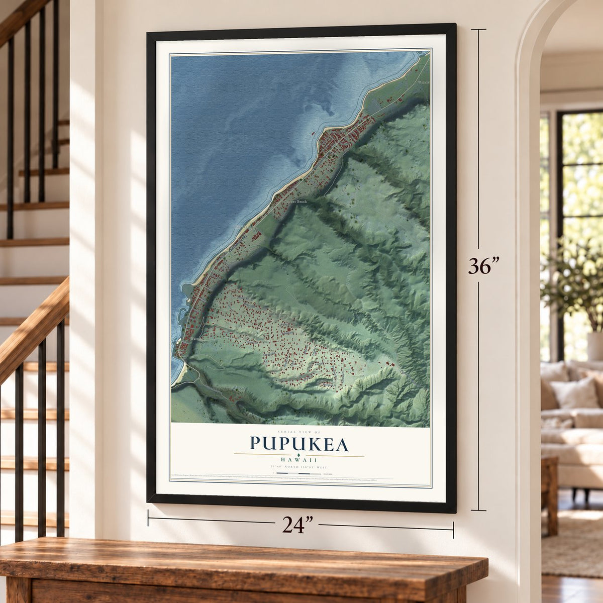 Pupukea, Hawaii map, 24 x 36 inch print in a black frame by a staircase
