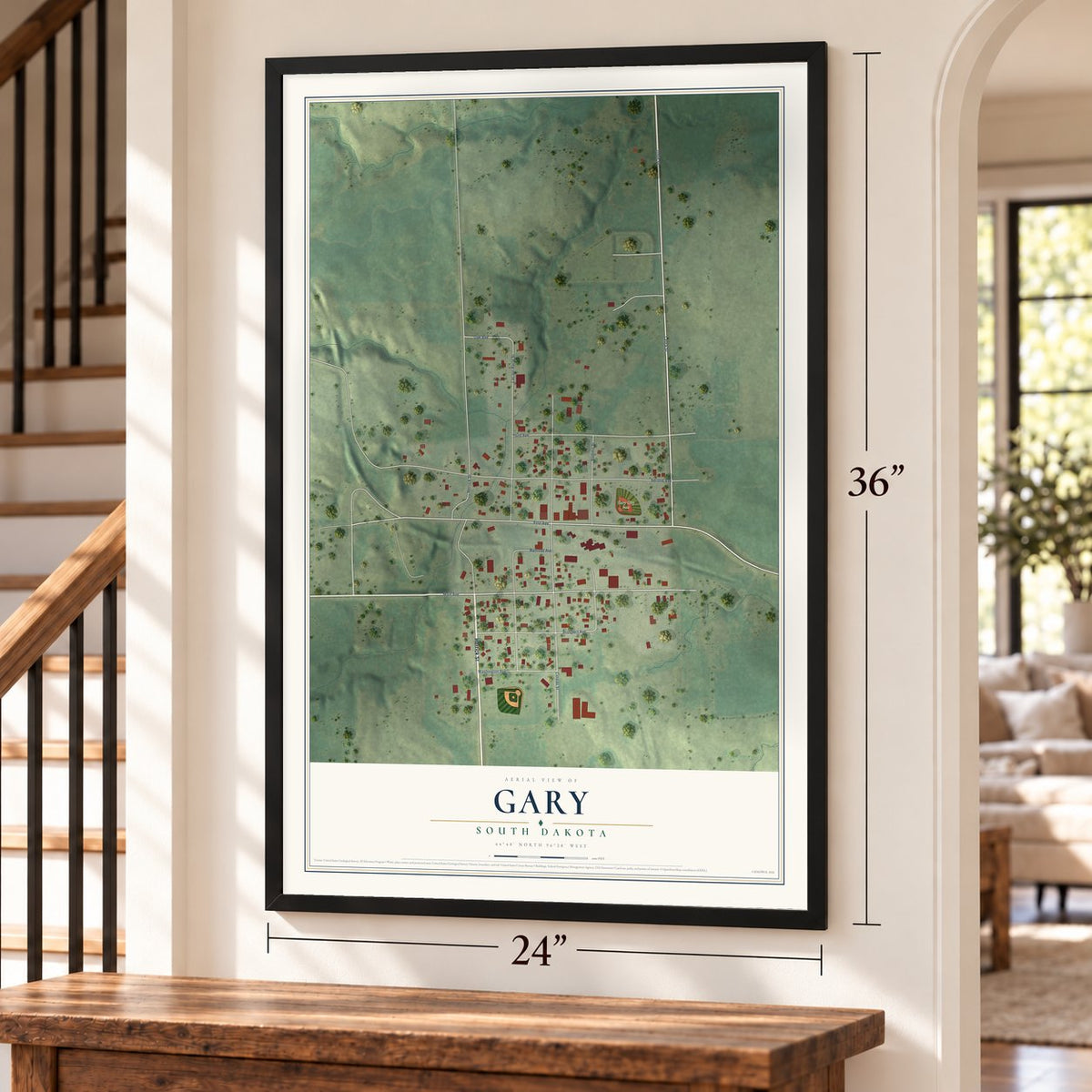 Gary, South Dakota map, 24 x 36 inch print in a black frame by a staircase