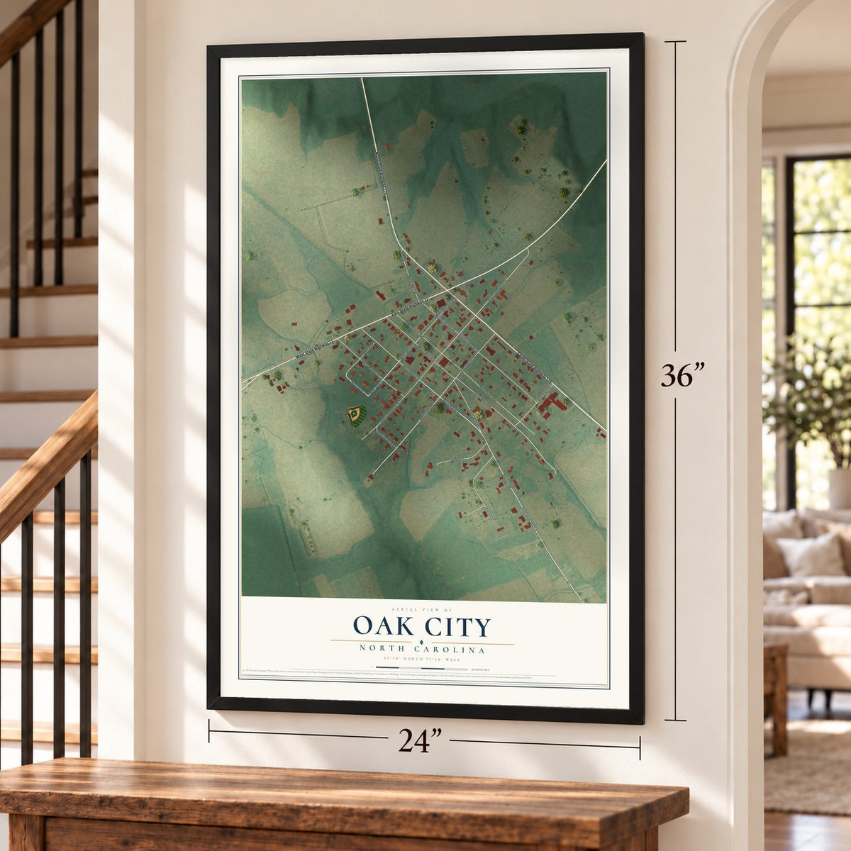 Oak City, North Carolina map, 24 x 36 inch print in a black frame by a staircase