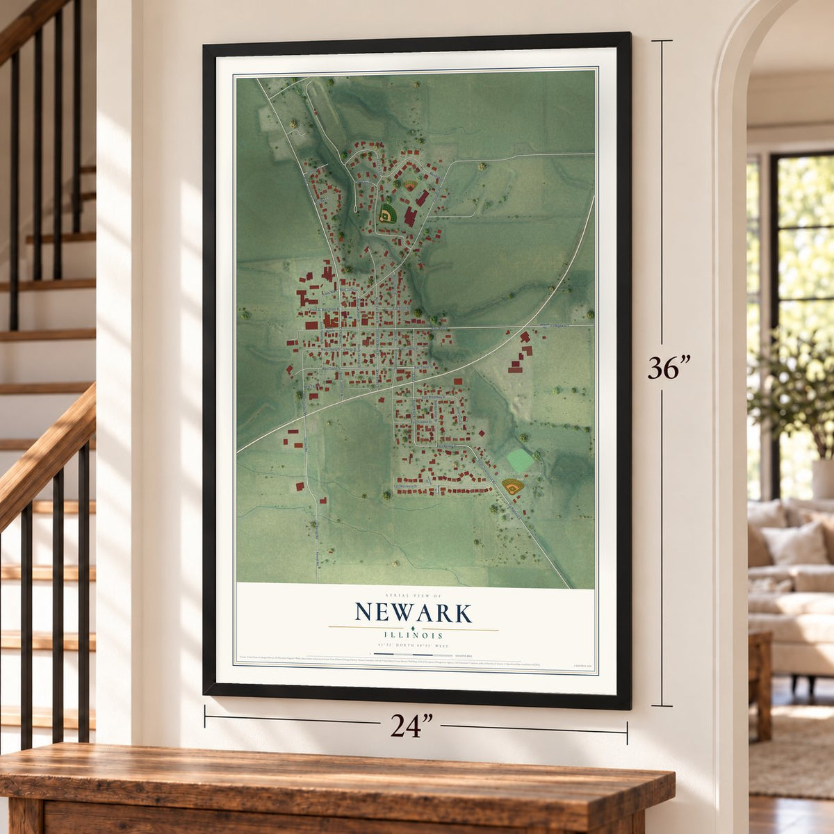 Newark, Illinois map, 24 x 36 inch print in a black frame by a staircase