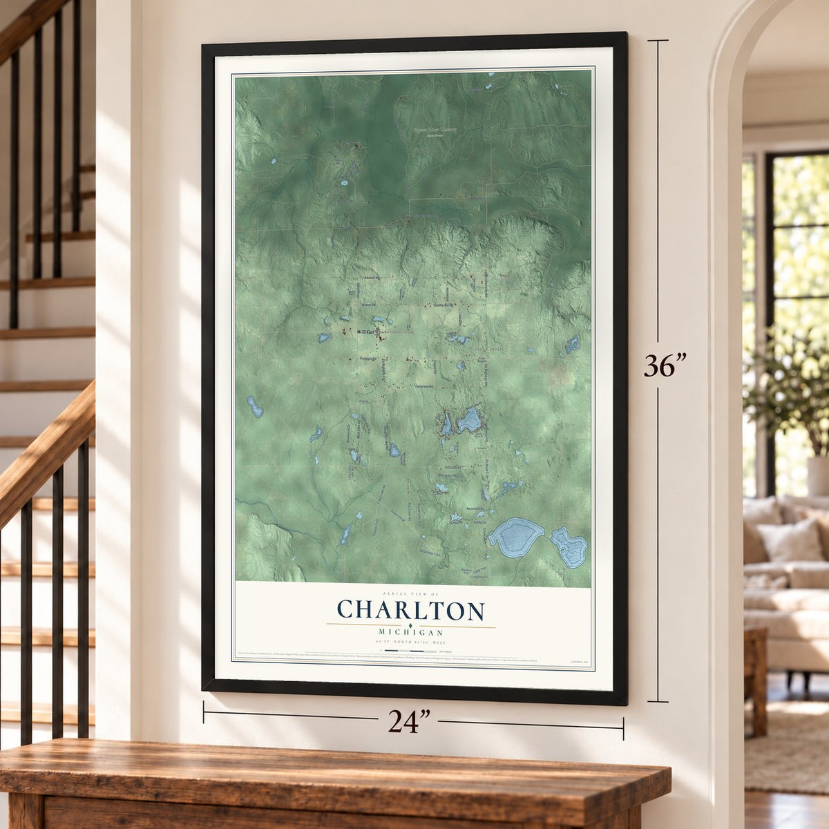 Charlton, Michigan map, 24 x 36 inch print in a black frame by a staircase