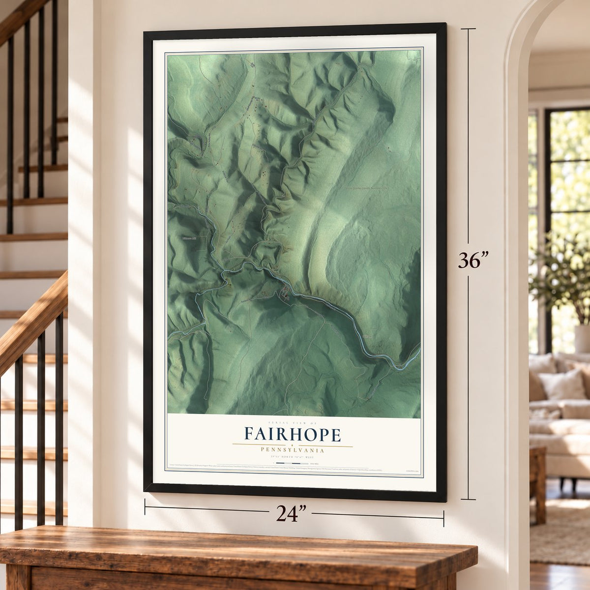 Fairhope, Pennsylvania map, 24 x 36 inch print in a black frame by a staircase