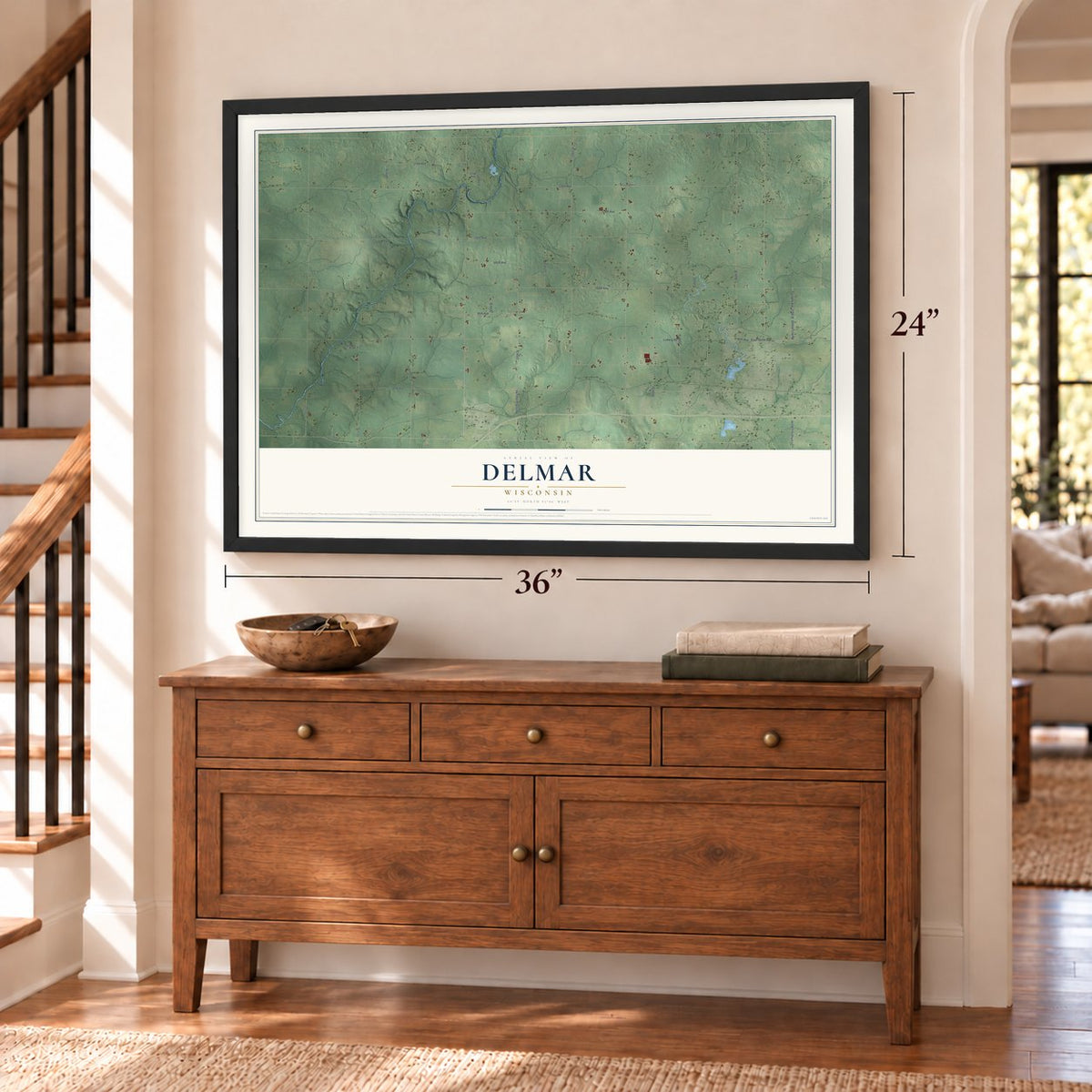 Delmar, Wisconsin map, 24 x 36 inch print in a black frame above a dresser by a staircase