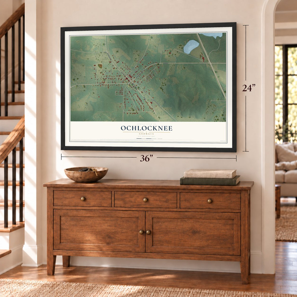 Ochlocknee, Georgia map, 24 x 36 inch print in a black frame above a dresser by a staircase