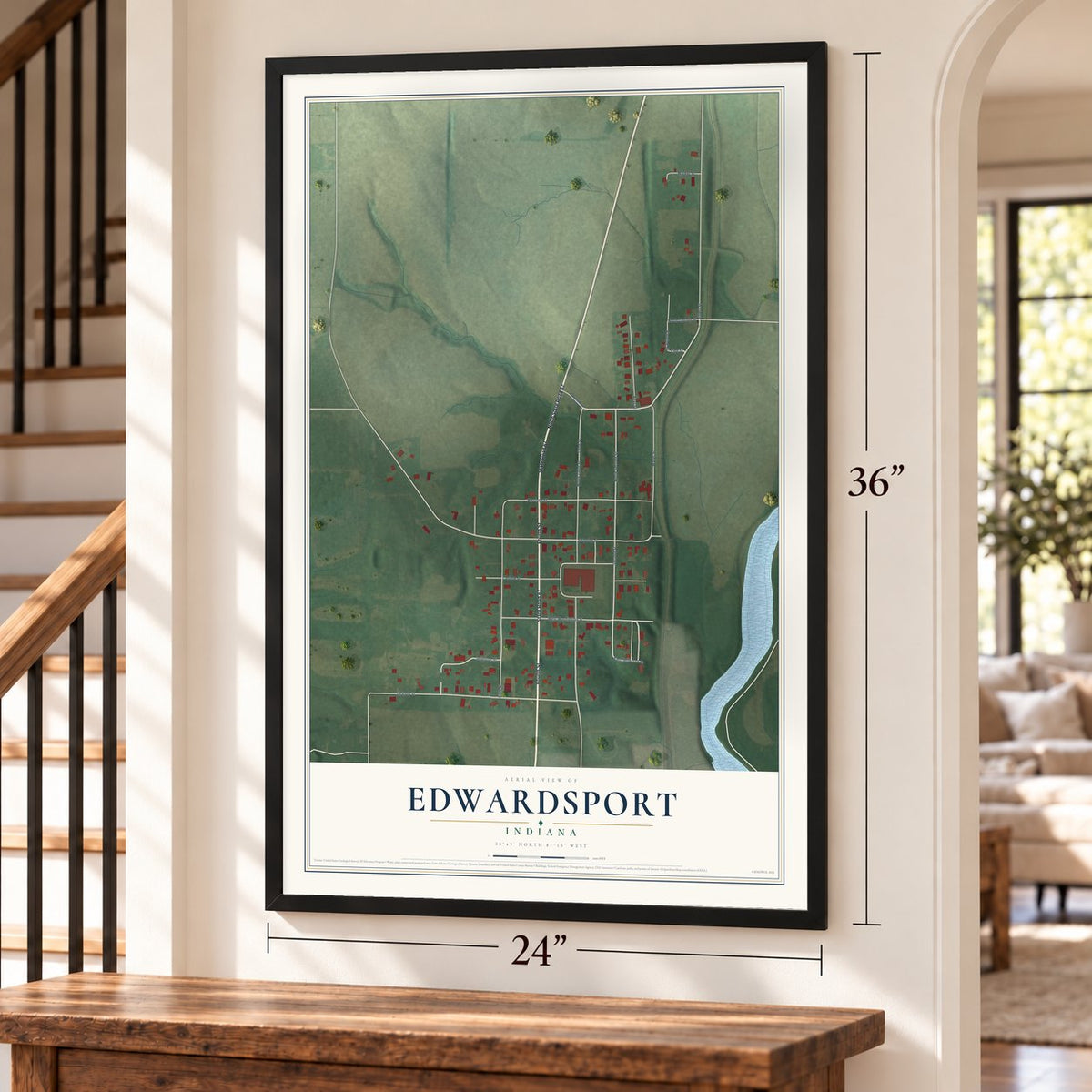 Edwardsport, Indiana map, 24 x 36 inch print in a black frame by a staircase